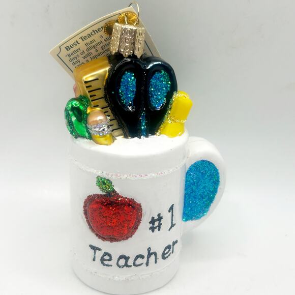 Old World Christmas Best Teacher Mug Hand Blown Glass Christmas Ornament w Tags - Picture 1 of 5